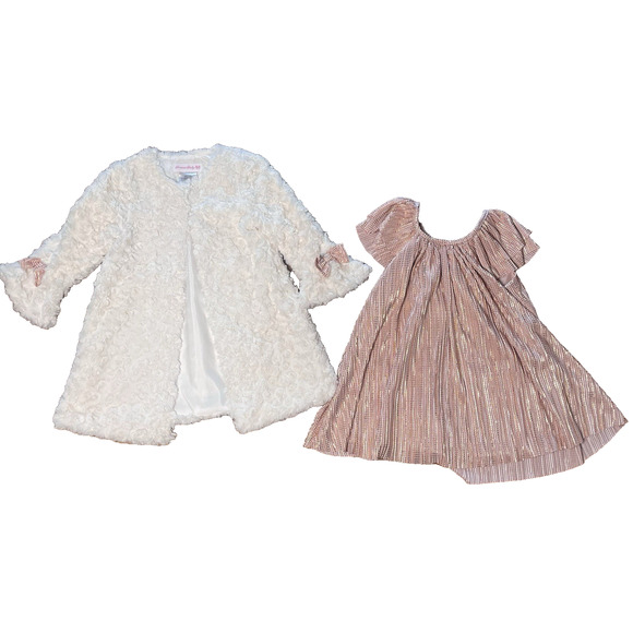 Bonnie Jean Girls White Faux Fur Coat Pink Metallic Party Dress 24 Months - Picture 1 of 14